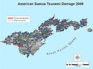 American Samoa, tsunami damaged areas marked red
